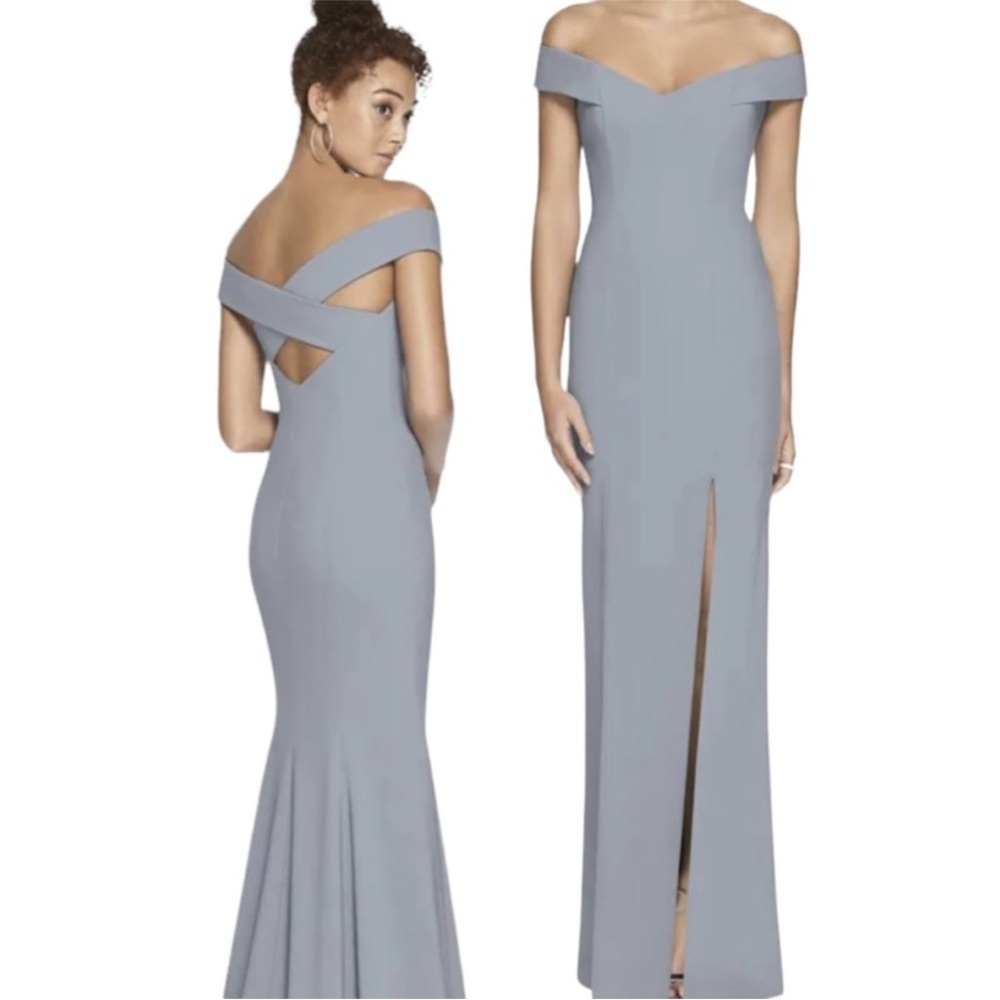 Dessy Collection OFF-THE-SHOULDER CRISS CROSS BACK TRUMPET GOWN Platinum